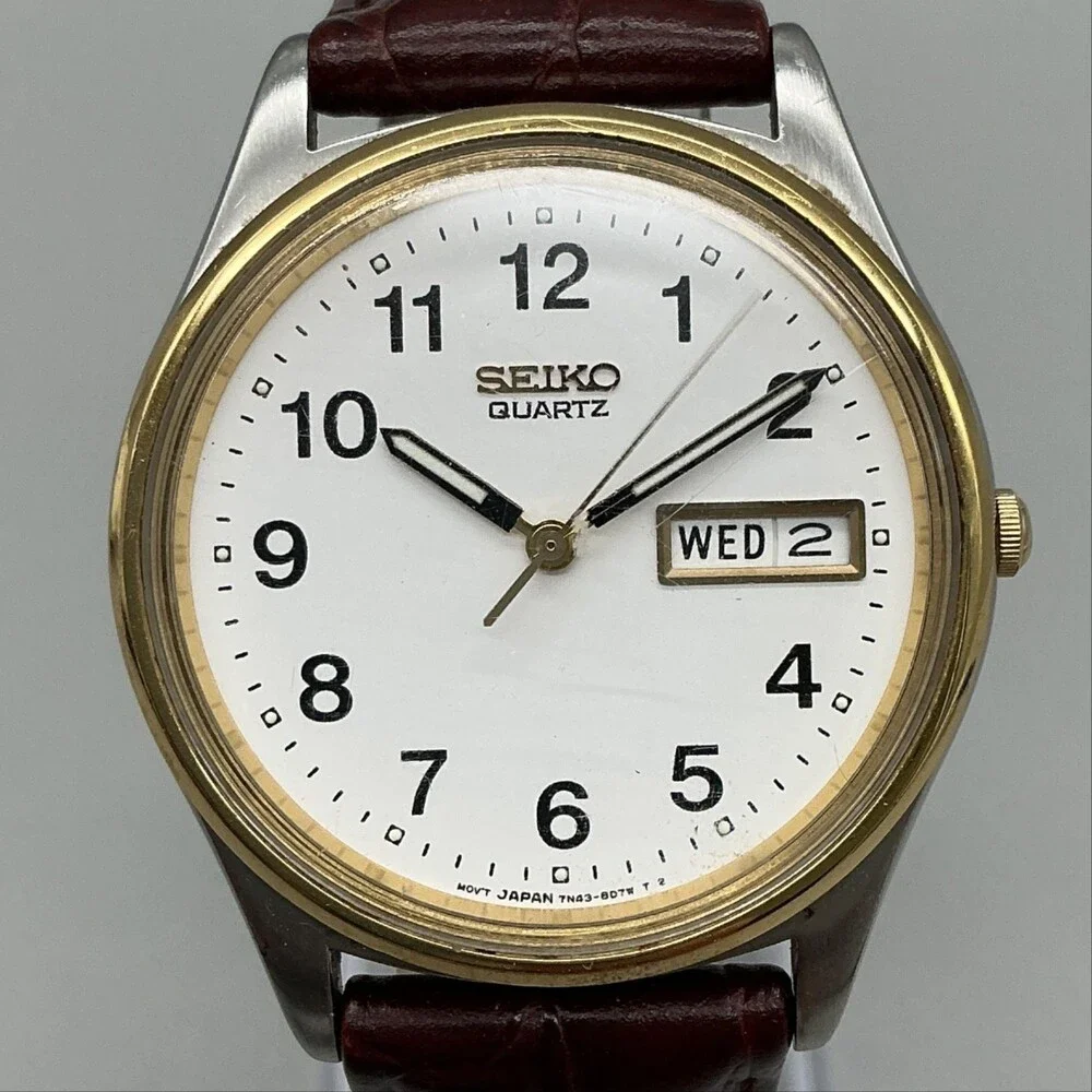 Vintage Seiko 7N43-8A39 Mens Watch 34mm Two Tone Leather Day Date New Battery
